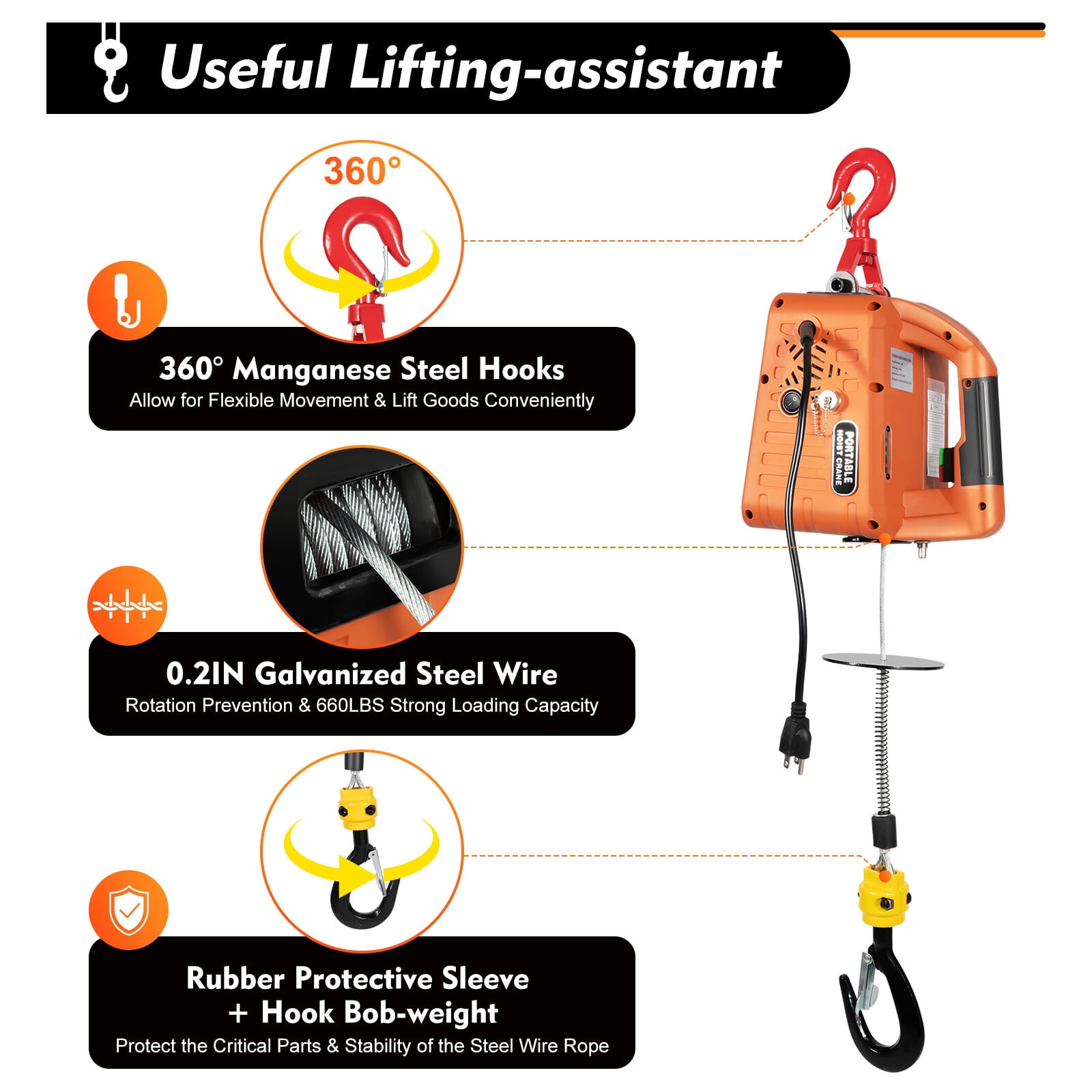 1500W 660 lbs Electric Hoist Winch Engine Crane Overhead Lifting Wireless Remote Orange for Gardens, Forests