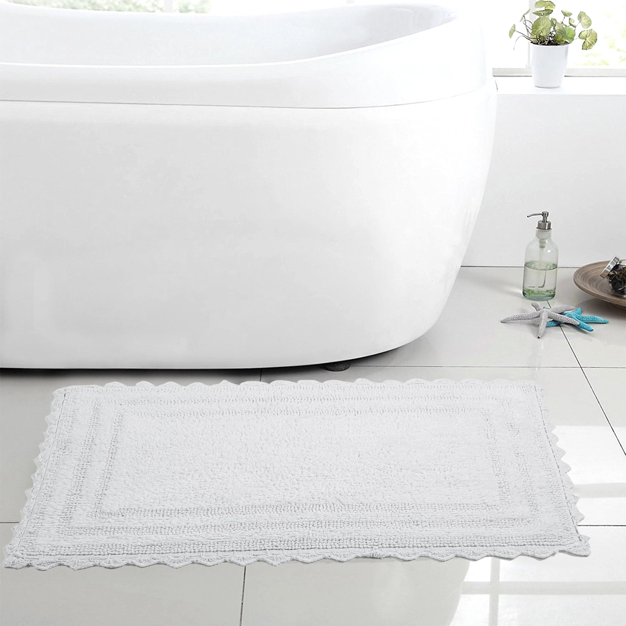 Beige Reversible Cotton Bath Mat Runner Crochet Border 2x5 ft Long Bathroom  Rug Runner
