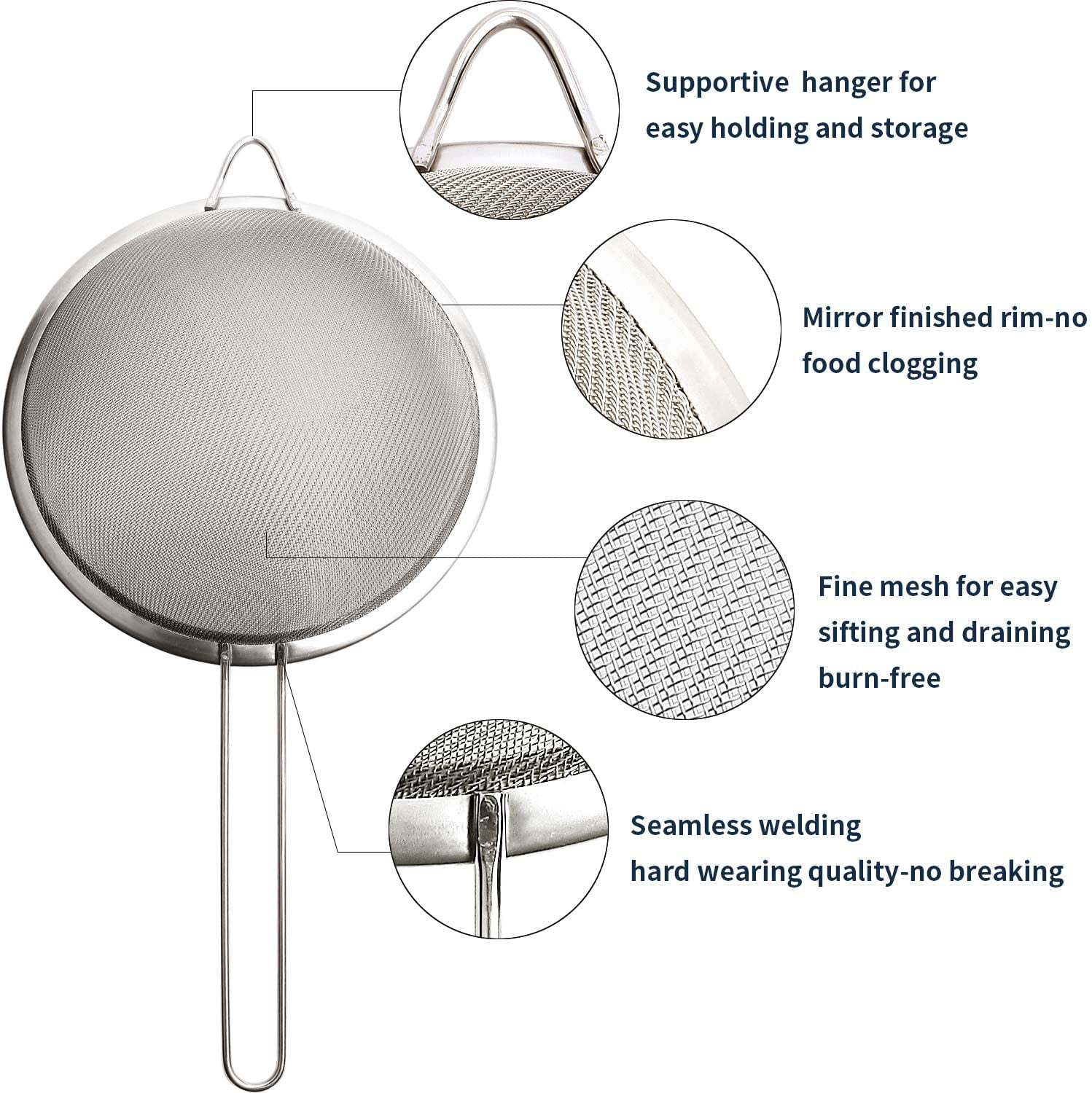 Fine Mesh Strainer 5.3 7.8 Silver Colander Sieve Sifter with Long Handle 3.2 Set of 3 Small Strainers Fine Mesh for Kitchen Stainless Steel Fine Mesh Sieve 