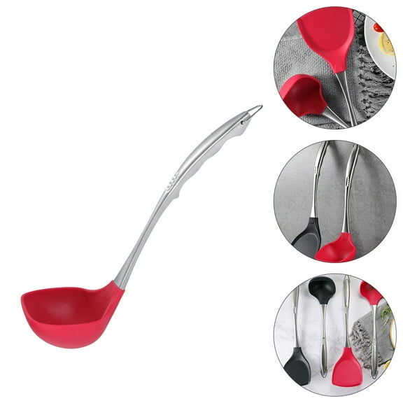 HONMEET Stainless Steel Soup Ladle with Red Silicone Handle, Kitchen Serving Spoon for Home Cooking 32.1x8x4in