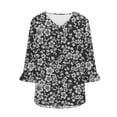 thumbnail image 4 of QQAMB Womens T-Shirts Plus Size 3/4 Sleeve Floral Printed V-Neck Pleated Summer Trendy Tunics Blouses Black 2XL, 4 of 5
