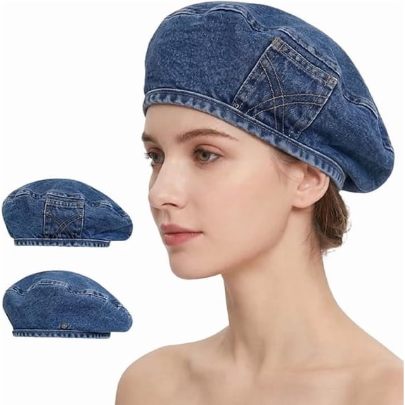 Vintage Denim Beret, Women Denim Cotton Beret Hat Strap Artist Hat, Hip-Hop Double Sided Style Cap, Artist Retro Cap for All Seasons
