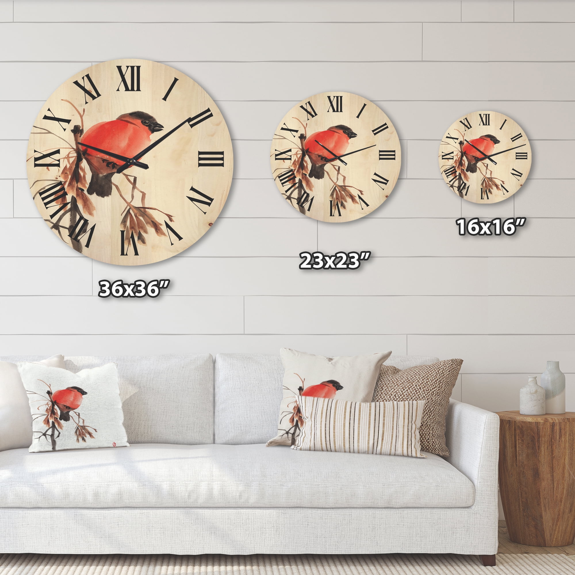 Designart 'Red Bullfinch Bird Sitting On A Branch' Traditional Wood Wall Clock