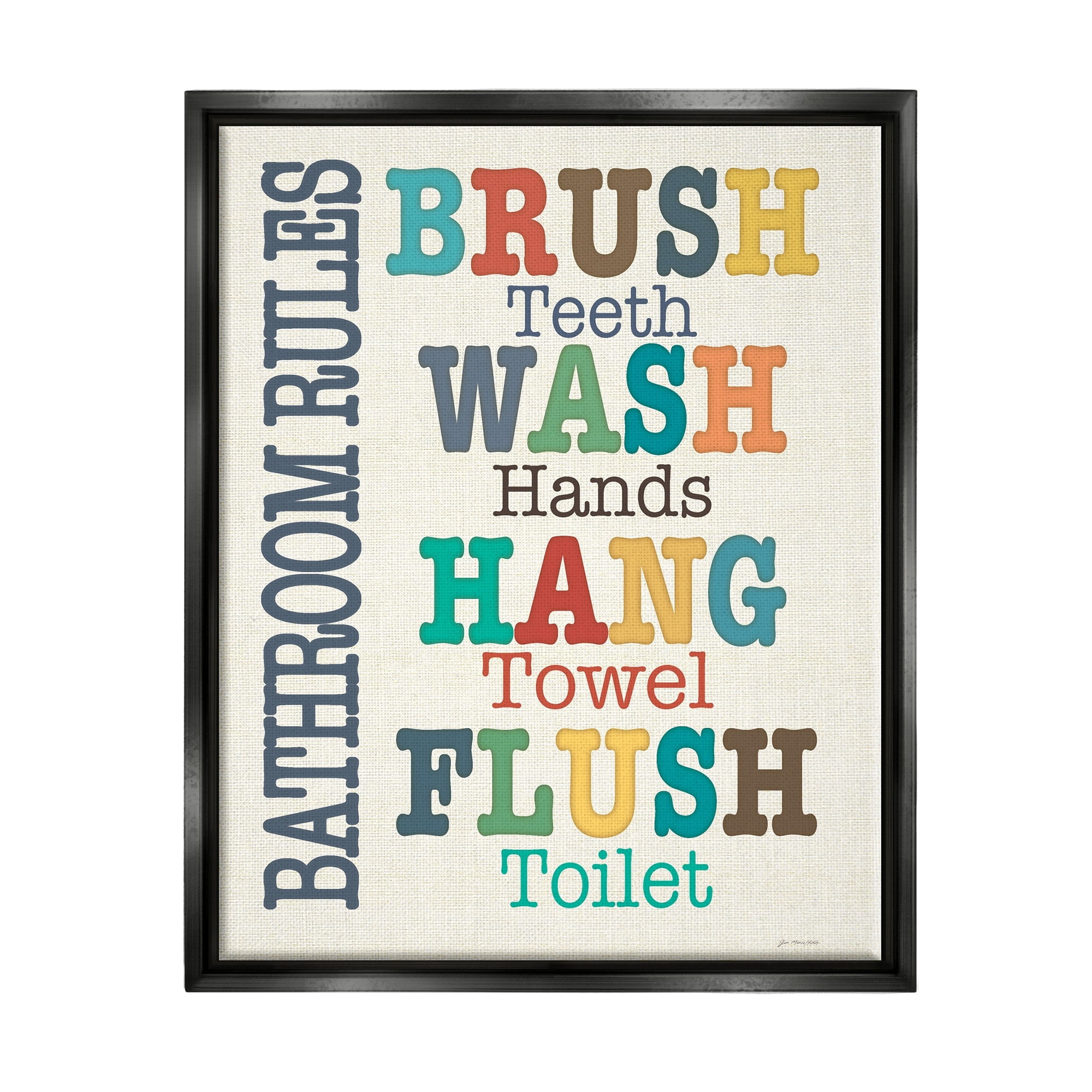 Stupell Industries Colorful Bathroom Rules List Jet Black Framed Floating Canvas Wall Art, 16x20, by Jo Moulton