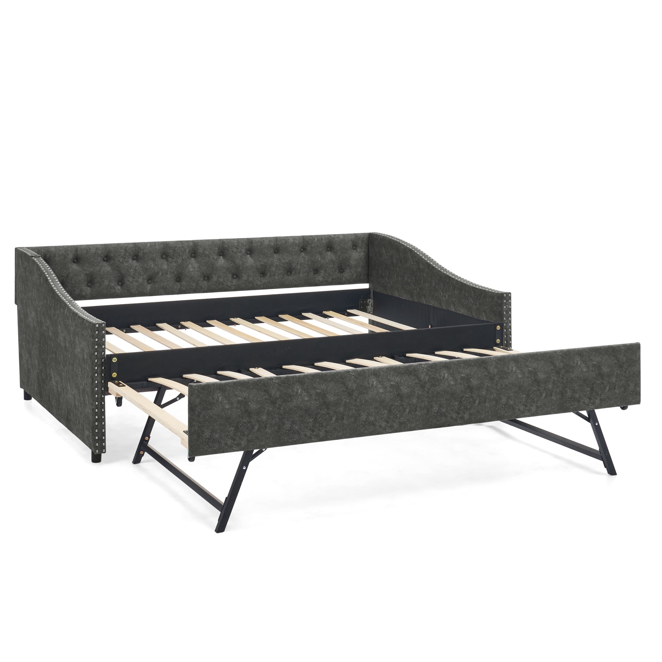 Noble House Liza Full Size Upholstered Tufted Daybed, Extendable Pull-out Double Bed Frame with Charging Port, Grey