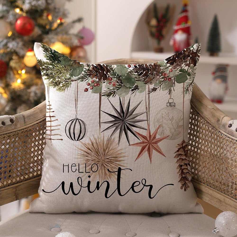 Christmas Pillow Covers 20x20 inch Set of 4 Christmas Tree Gloves Hello Winter Decorative Throw Pillow Covers Winter Farmhouse Decoration for Home Couch