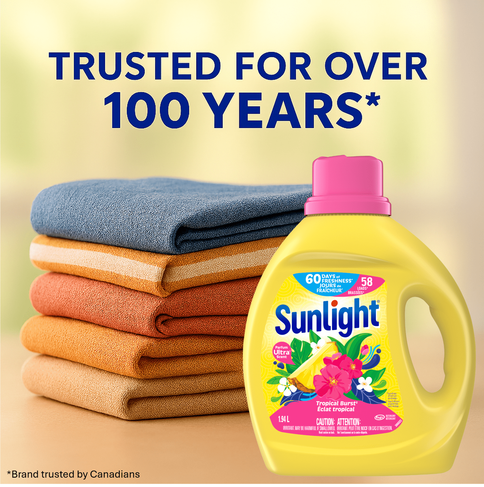 Détergent à lessive liquide concentré, Sunlight eclat tropicale, 1,94 l, 58 brassées, jusqu’à 60 jours de fraîcheur, combats les odeurs, compatible avec les laveuses HE