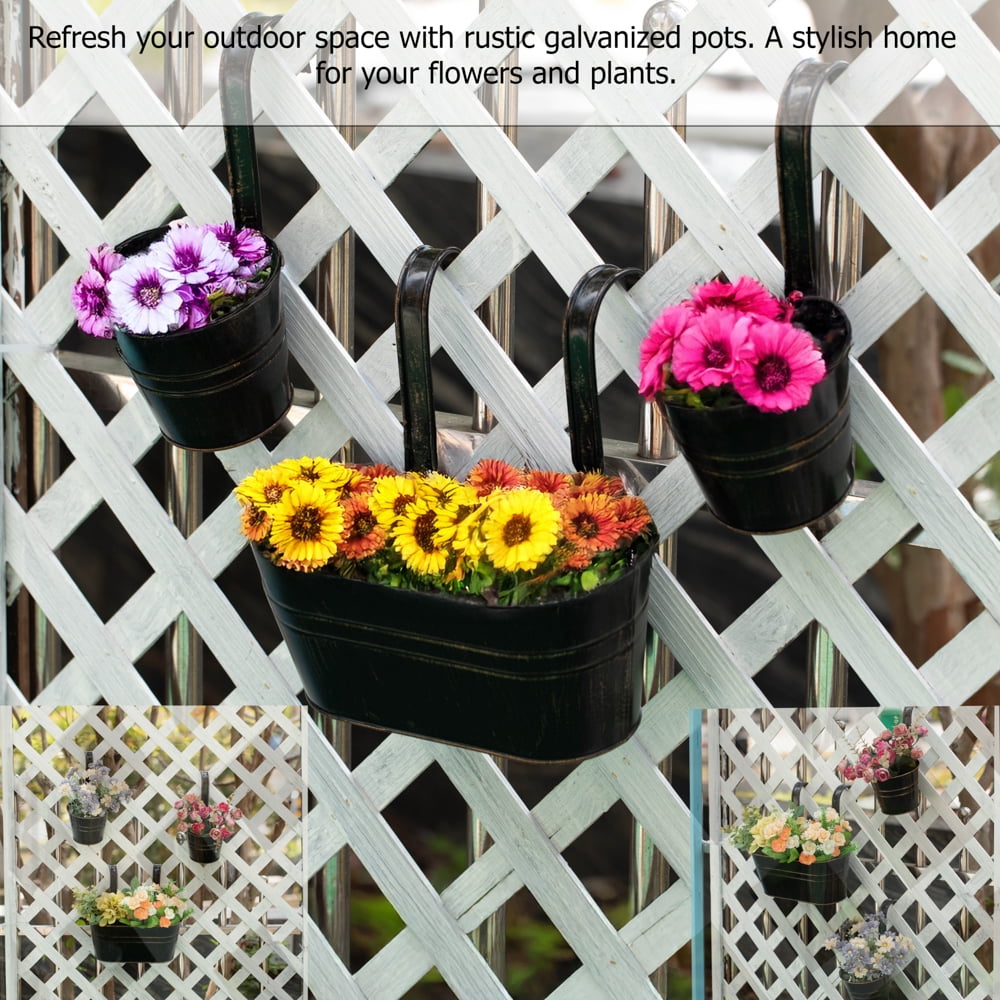 Gardenised Set of 3 Metal Hanging Railing Planters with Detachable Hooks Decorative Outdoor Set for Balcony Patio Deck or Fence Ideal for Displaying Flowers Succulents Herbs and Cascading Plants
