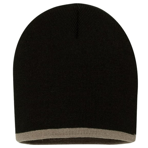 Couver Bottom Striped Blaze Beanie Bulky Hat Soft 100% Knit Acrylic Winter Skull Cap Unisex 8'' - (Black/ Taupe)