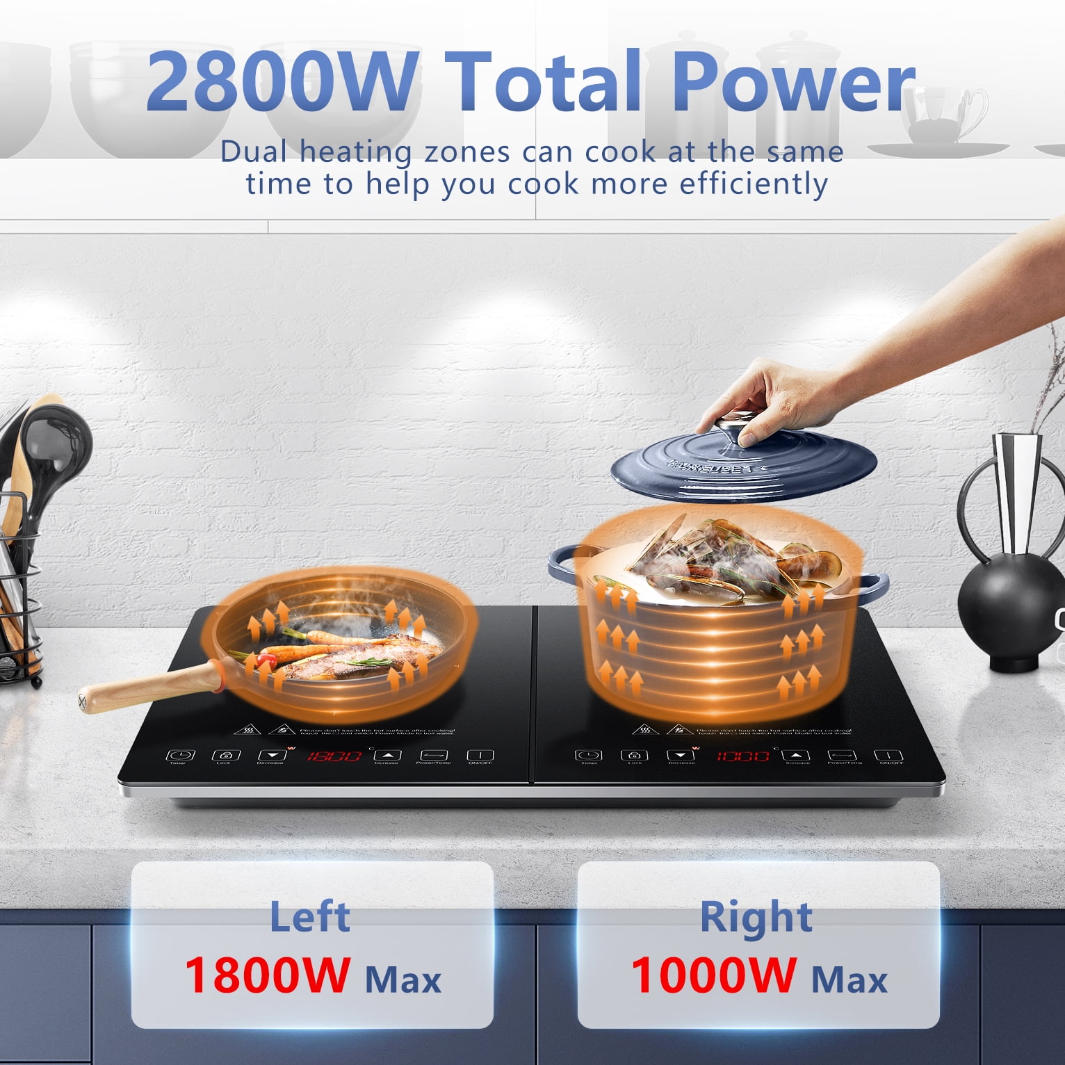Aaobosi 1800W Double Induction Cooktop Low Noise with Independent Control 2 Burners, 10 Temperature, 9 Power Levels, 3-hour Timer & Child Safety Lock