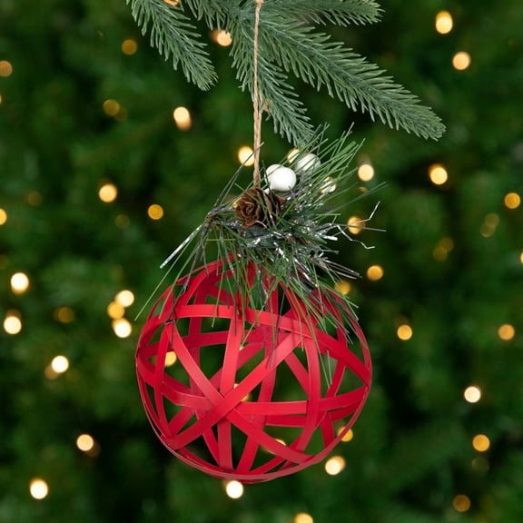 Northlight Hollow Metal Christmas Ball Ornament with Pinecone and Berries - 5" - Red
