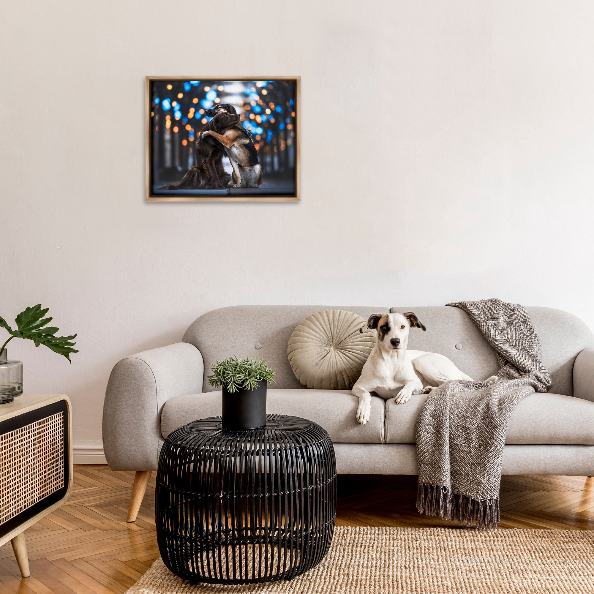 Stupell Industries Hugging Dogs with Bokeh Animals & Insects Painting Brown Floater Framed Canvas Art Print Wall Art, 31 x 25