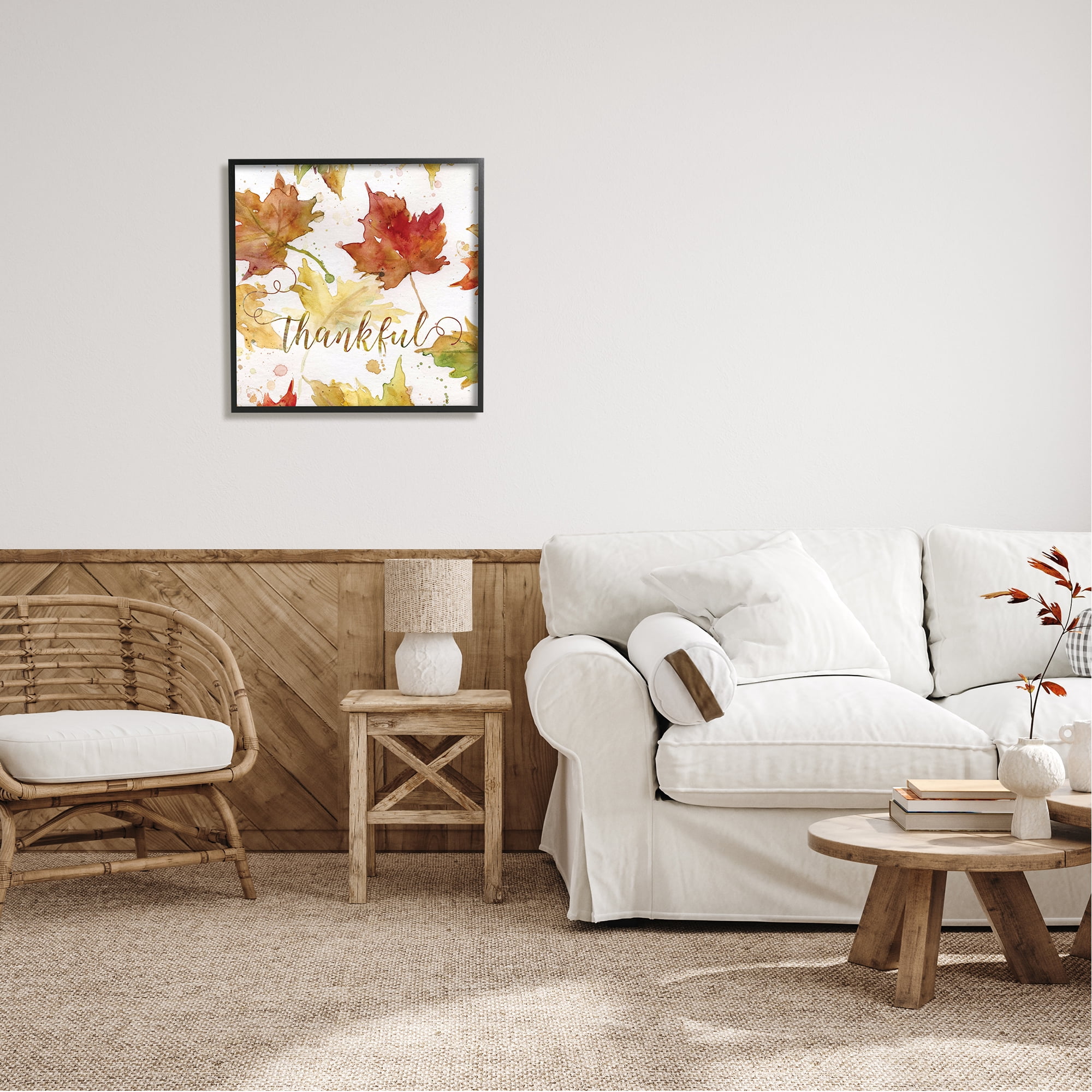 Stupell Industries Thankful Fall Leaves Holiday Painting Black Framed Art Print Wall Art, 24 x 24