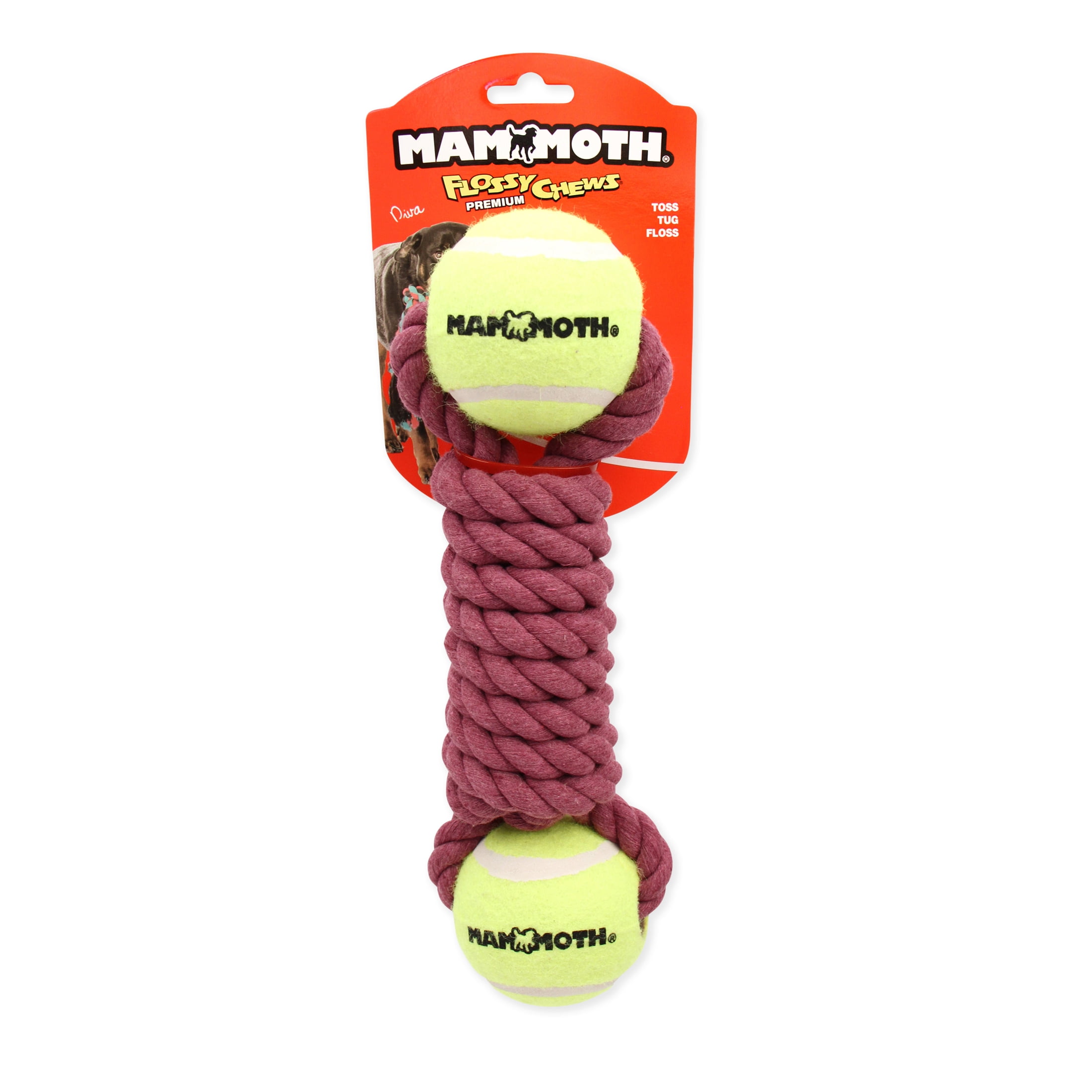 Mammoth Flossy Chews Cottonblend Twister Bone with 2 3" Tennis Balls Rope Dog Toy, Large, 12", Asst Colors