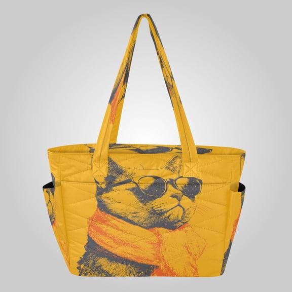 Quilted Tote Bag Large Capacity Multi-Compartment Handbag Lightweight Structured Shoulder Bag Versatile Casual Bag Stylish Scarf Cat