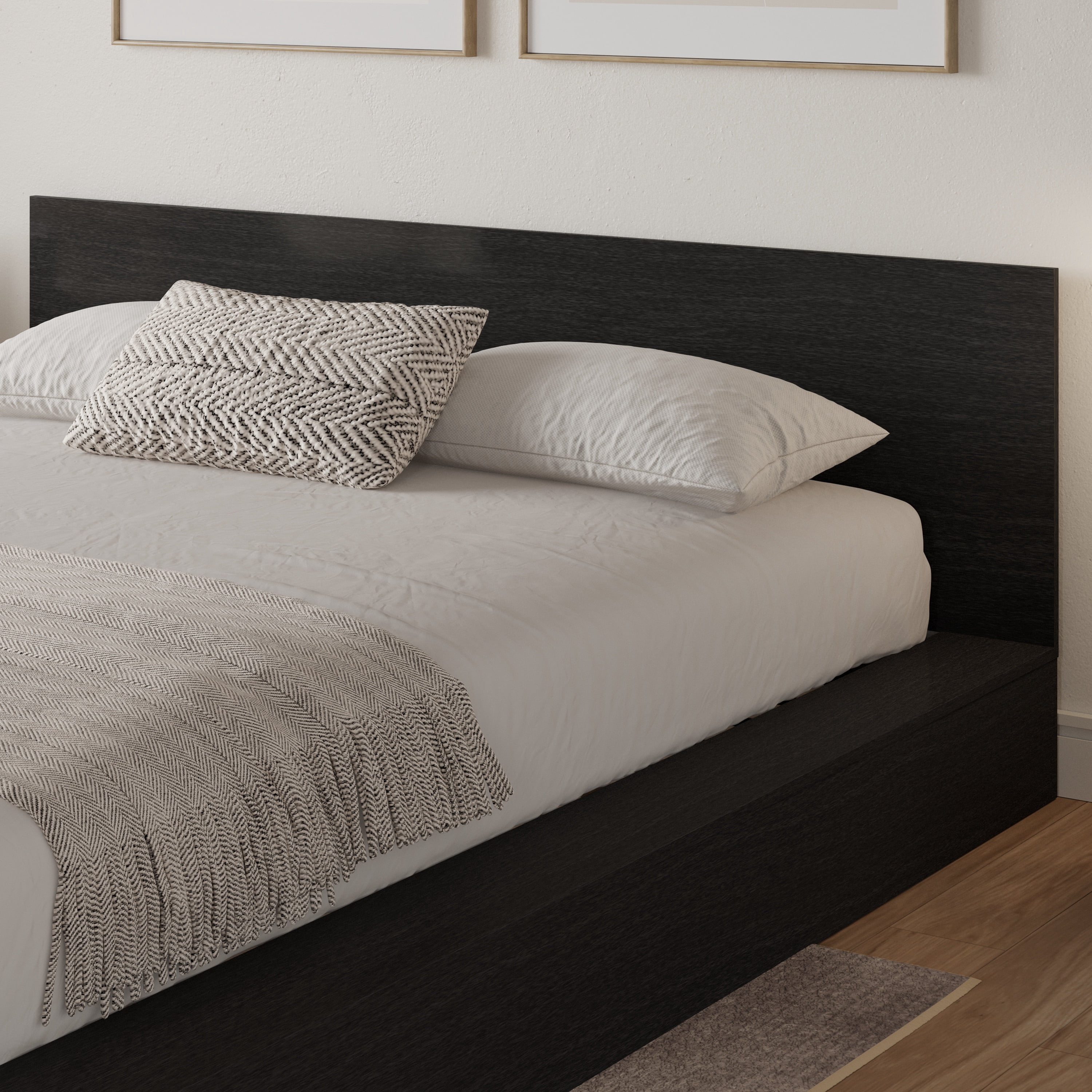 Nexera Kanso King Low Profile Wood Platform Bed with Headboard, Black Oak