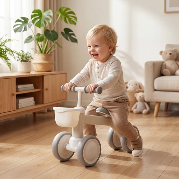 Gaderth Baby Balance Bike for 12-36 Months, 4-Wheel Toddler Balance Bike with Removable Basket, Lightweight First Bike for Boys Girls , No Pedal Ride On Toy, Supports Up to 55 lbs