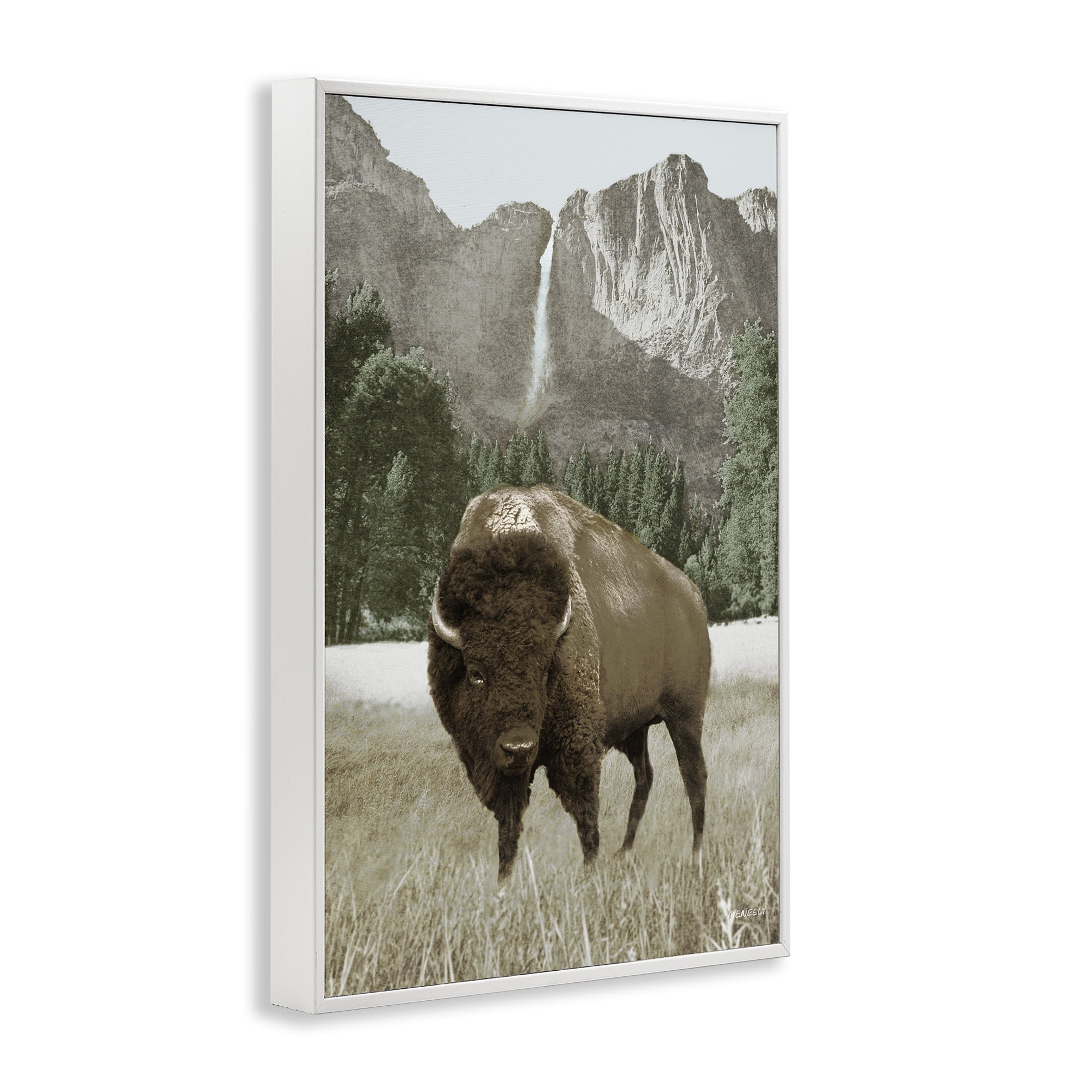 Stupell Industries Bison & Mountain Landscape Animals & Insects Photography White Framed Art Print Wall Art, 16 x 24