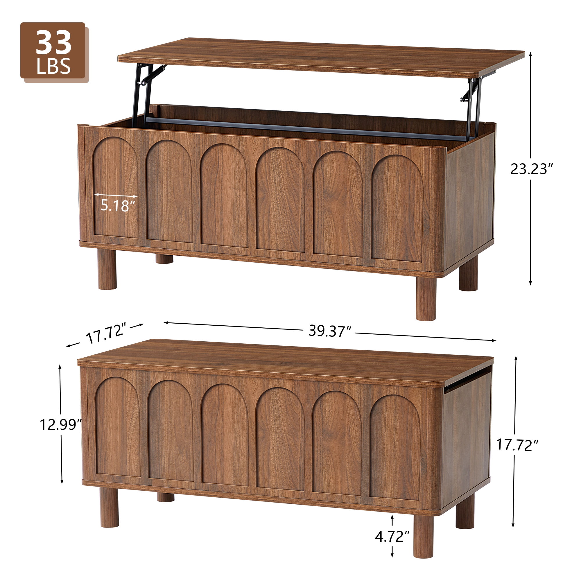 YOCWO Lift Top Coffee Table with Hidden Compartment & Storage Shelve, Arched Fluted Coffee Table for Living Room, Walnut