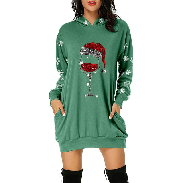 Kcodviy Femmes Vintage Joyeux Noël Chandail à Capuchon à Fermeture Éclair devant Femmes Robe Imprimée Manches Longues Grande Taille Chandail à Capuchon à Fermeture Éclair Chandails à Capuchon Manches Longues Midi Chandails et Chandails à Capuchon pour Femmes Robes avec Poches