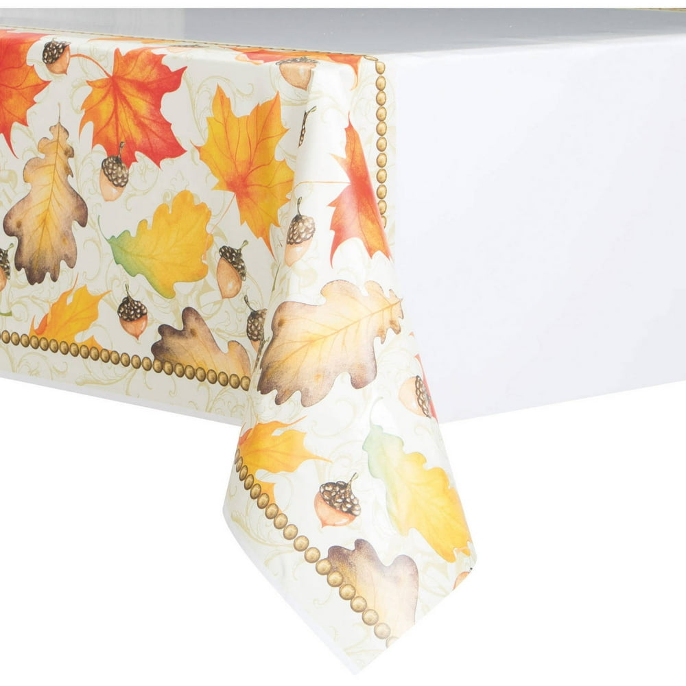 Fall Leaves Thanksgiving Plastic Tablecloth, 84 x 54 in, Gold, 1ct
