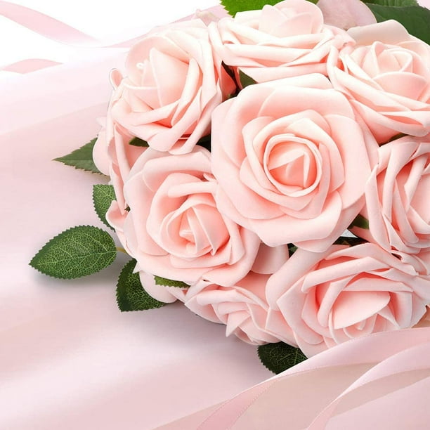 Mocoosy 50Pcs Artificial Rose Flowers Blush Pink Roses Real Touch Foam Fake Rose Bulk with Stem for Wedding Bouquets Centerpieces Bridal Shower Party