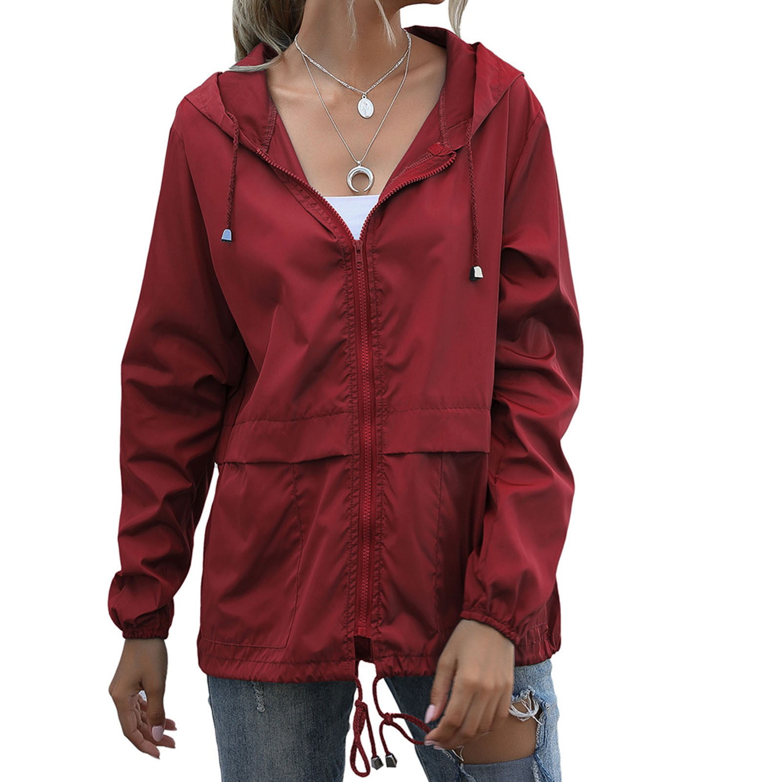 Fitted Rain Jacket Women Women Casual Solid Long Sleeve Zipper Pocket Hooded Loose Windbreaker