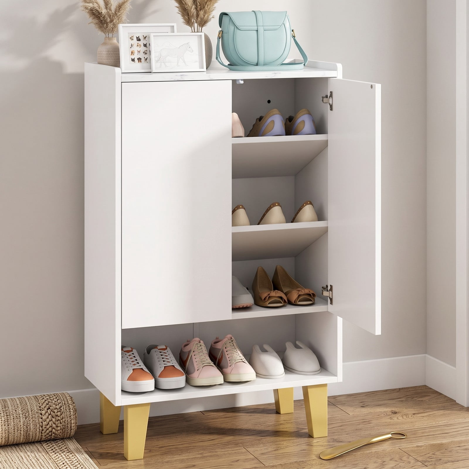 Furnibear 5-Tier Shoe Cabinet with Faux Marble Countertop and Flat Tilting Shelves for Entryway and Hallway, White and Gold