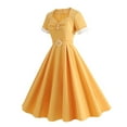 thumbnail image 5 of Women Vintage Dress 50s V-Neck A-line Dress 80s Fancy Dress Pleated Swing Party Dresses Bandeau Evening Dress Ladies Elegant Wedding Guest Gown Yellow M, 5 of 7