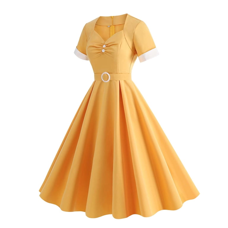 Women Vintage Dress 50s V-Neck A-line Dress 80s Fancy Dress Pleated Swing  Party Dresses Bandeau Evening Dress Ladies Elegant Wedding Guest Gown Yellow  S - Walmart.com