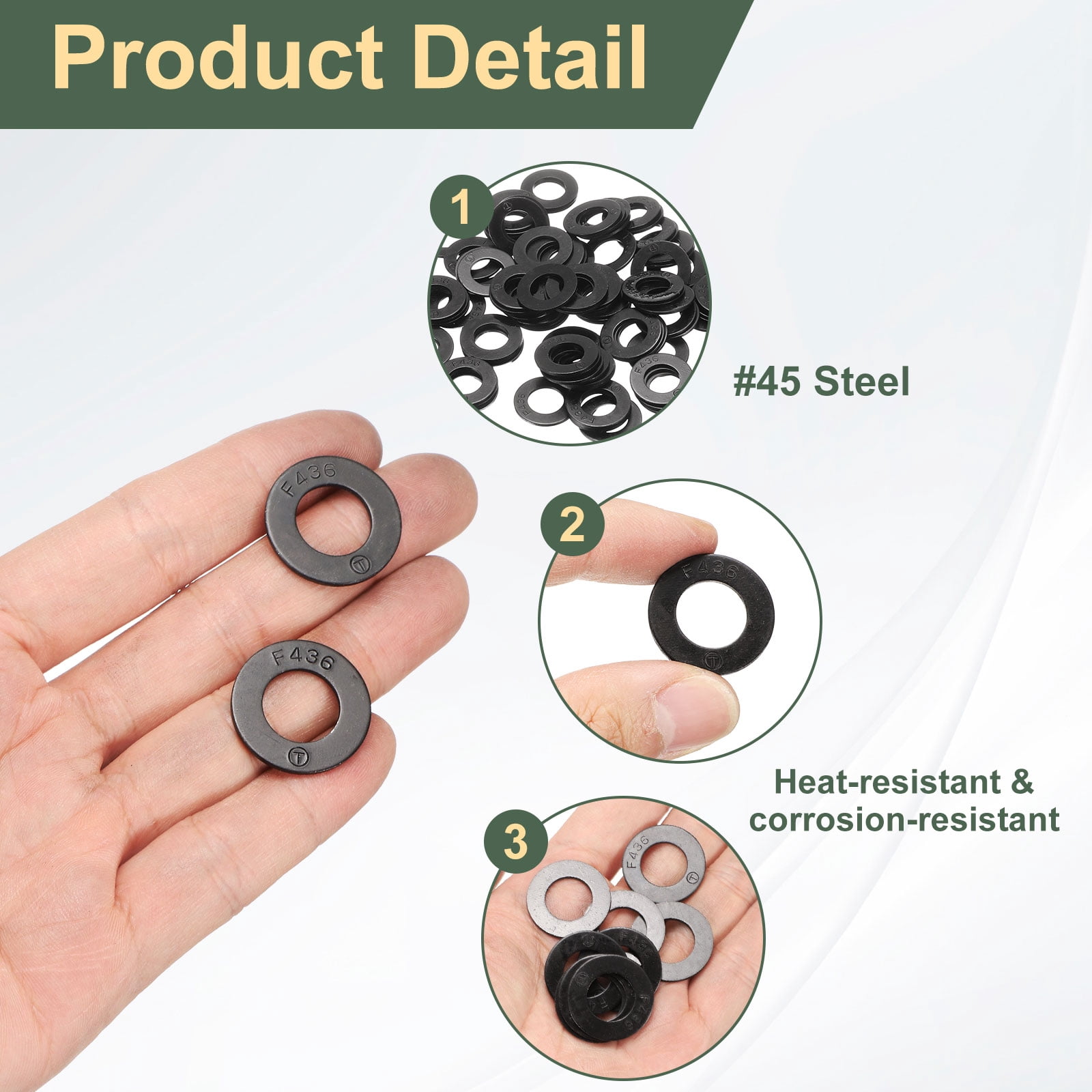 100 Pcs 7/16" Black Flat Washers, 23mm Outer Diameter, 45 Steel Metal Washer for Screws and Bolts