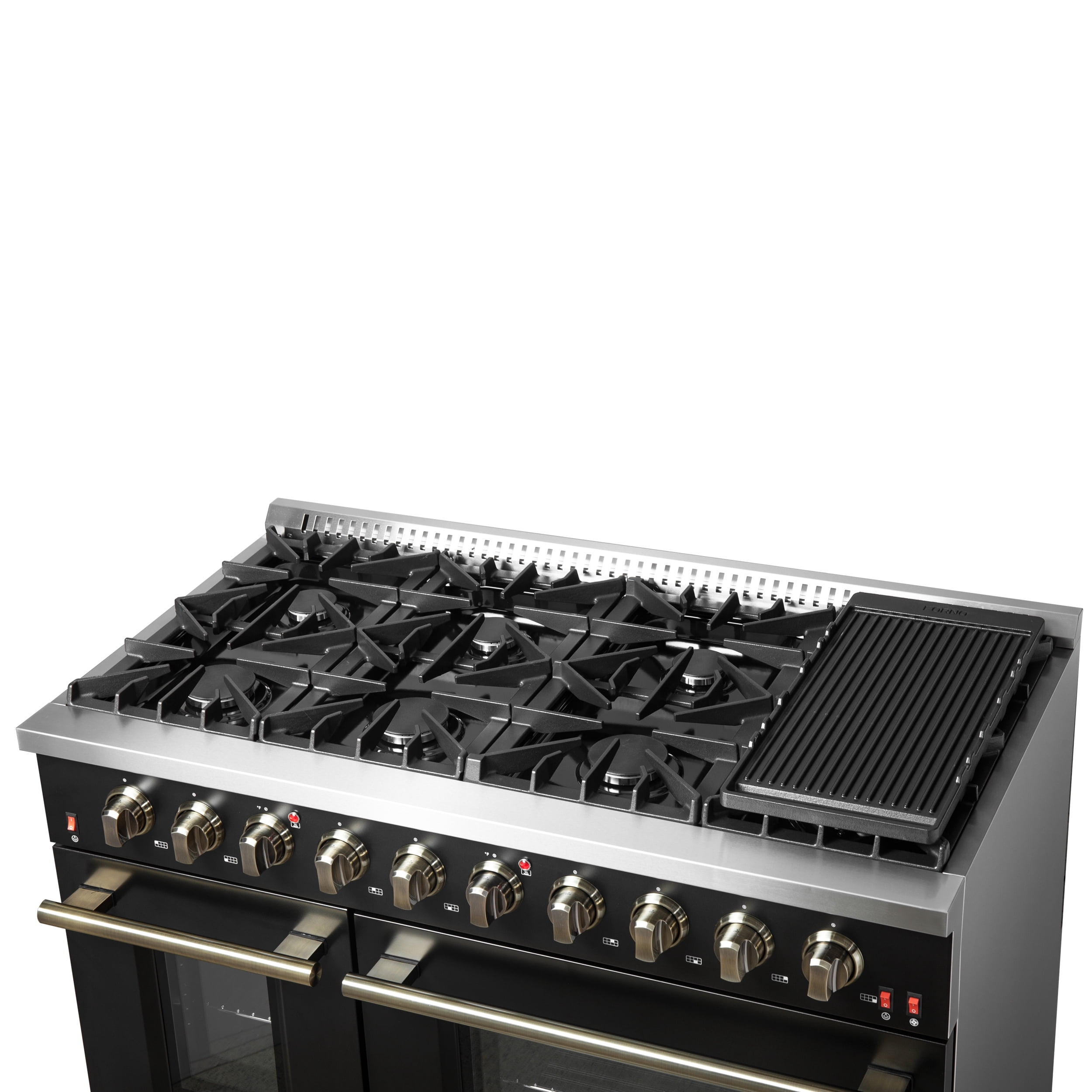 FORNO Galiano 48-inch Gas Range Black  Antique Brass Design, 8 Burners, 107,000 BTU, Griddle, 6.58 cu.ft. Double Ovens