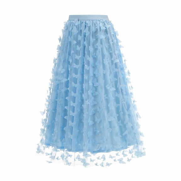 Women's 3D Butterfly Applique Embroidery Maxi Skirt Elastic High Waist A-Line Party Mesh Tulle Skirts