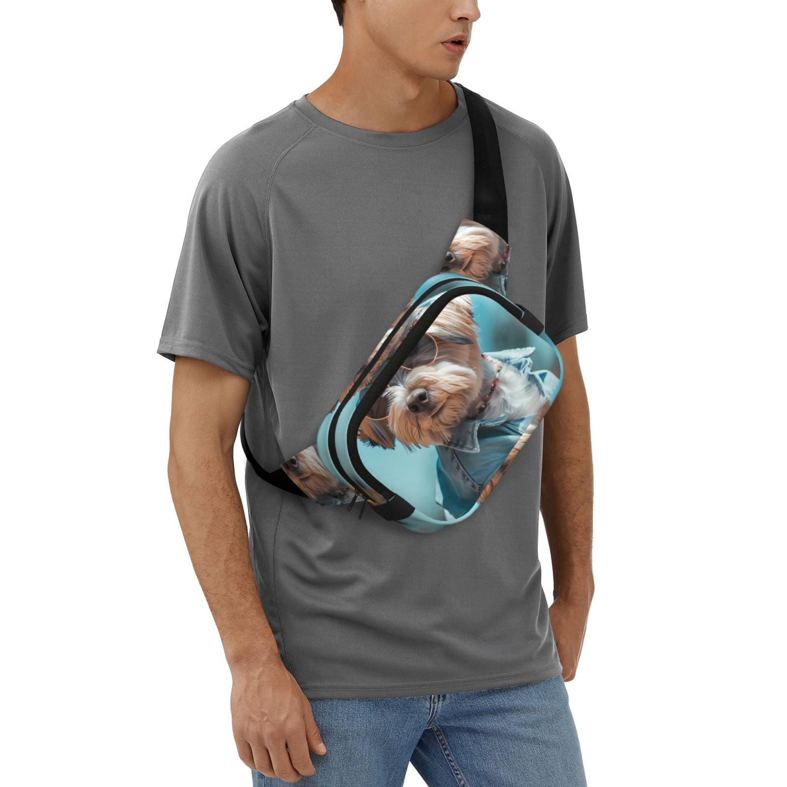 Picia Stylish Dog in Denim Outfit Print Square Double-Layer Waist Bag Mini Adjustable Waist Belt Bag Exercise Running Travel Hiking