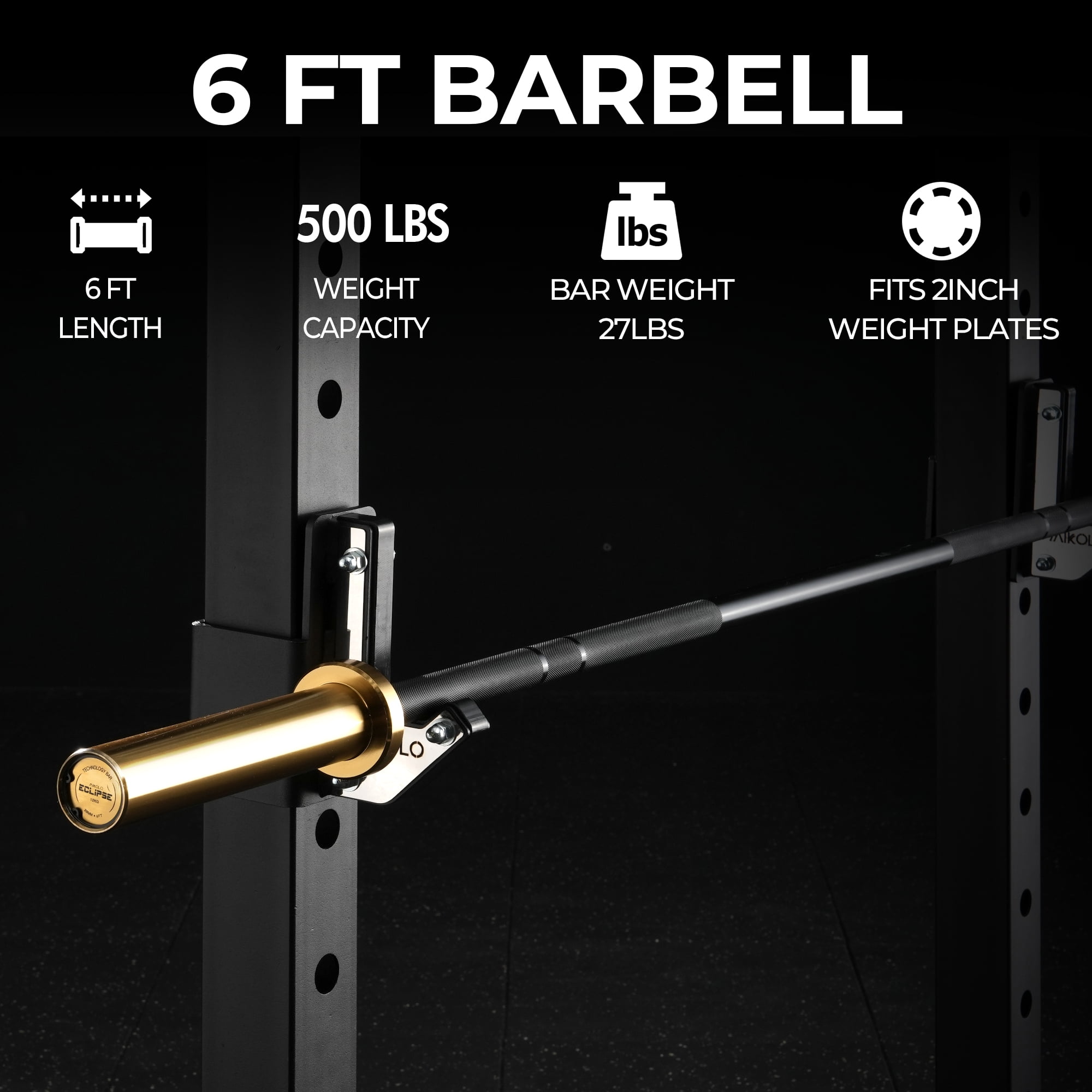 Mikolo Eclipse Series Gold 6ft Olympic Barbell, 27LB Compact and Lighter Barbell for Weightlifting and Powerlifting, Olympic Bar for 500lbs Capacity, Weight Bar Fit 2” Standard Weights