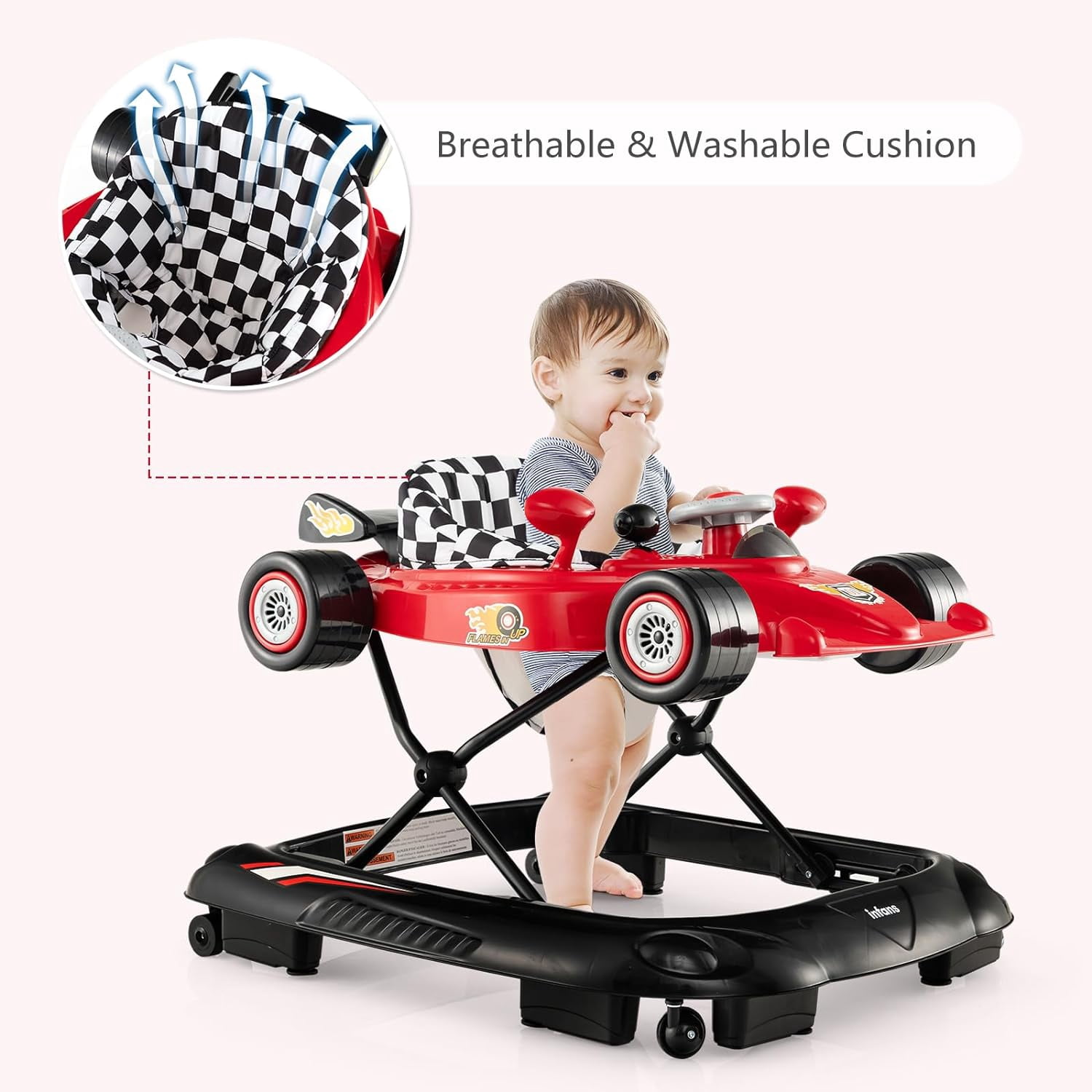 INFANS Foldable Baby Walker, Toddler Activity Center Leaning-Seated Walk-Behind with Steering Wheel, Adjustable Height, Lights, Music, Washable Seat Cushion (Red)