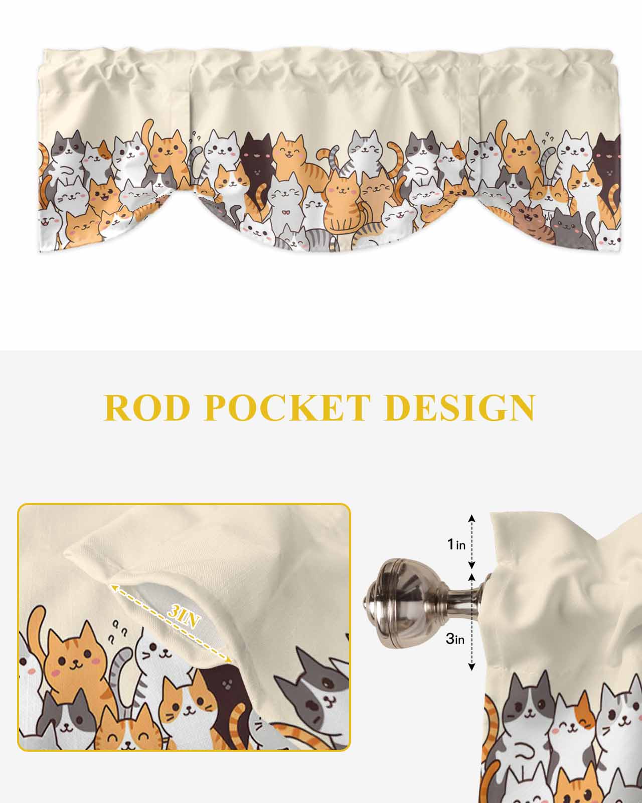 Cartoon Cat Tie Up Valances Curtain, Adjustable Kitchen Cute Kitten Valances for Windows Decor, Rod Pocket Short Curtains Set for Bedroom/Bathroom, 60"x18"