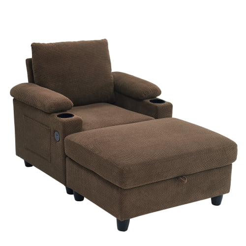 Accent Chair and Storage Ottoman Set, Convertible Single Chaise Lounge Sleeper Bed with Reclining Backrest, Dual Cup Holders, USB-C Ports, Side Storage Pocket, Coffee