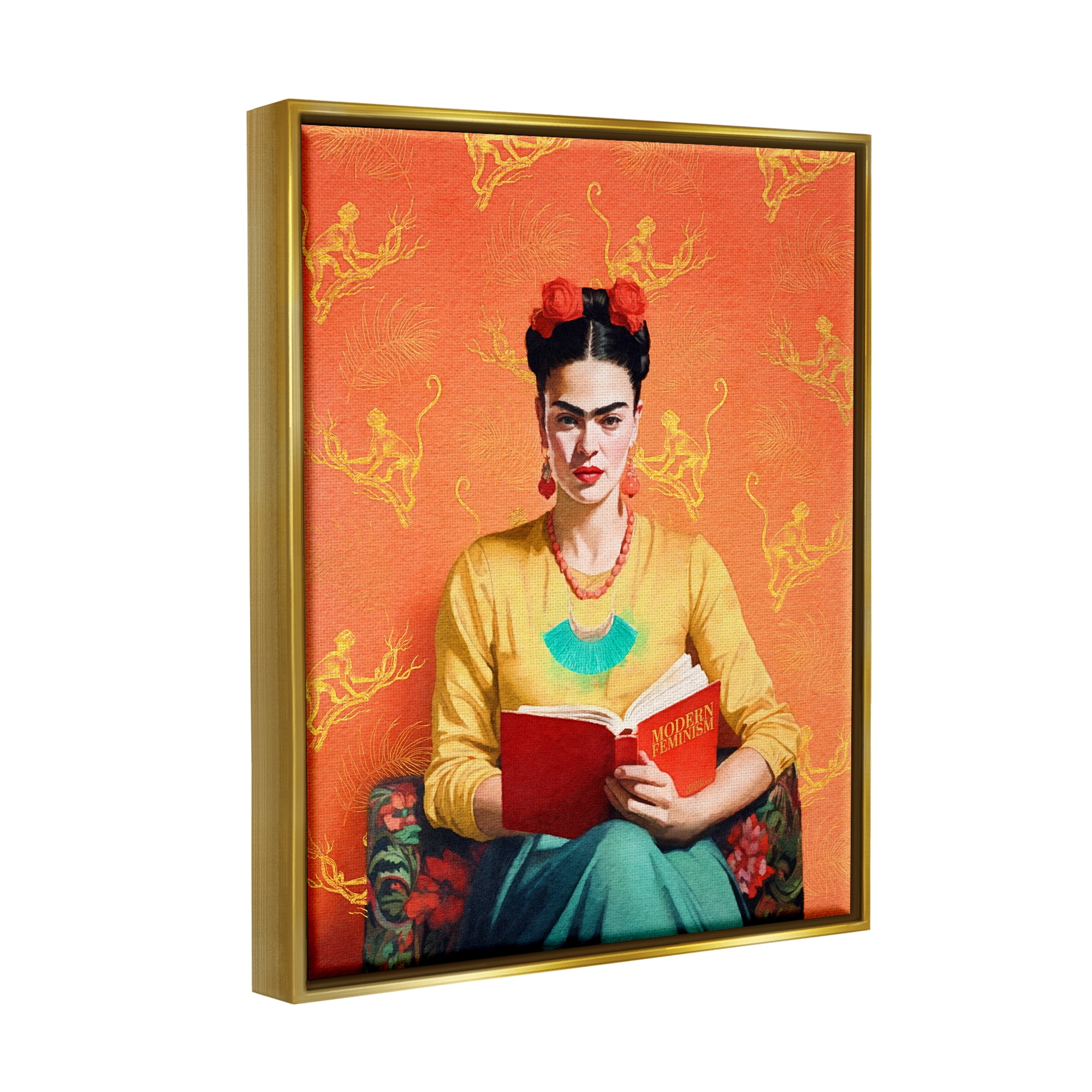Stupell Industries Modern Frida Kahlo Literature & Flim Painting Gold Floater Framed Canvas Art Print Wall Art, 17 x 21