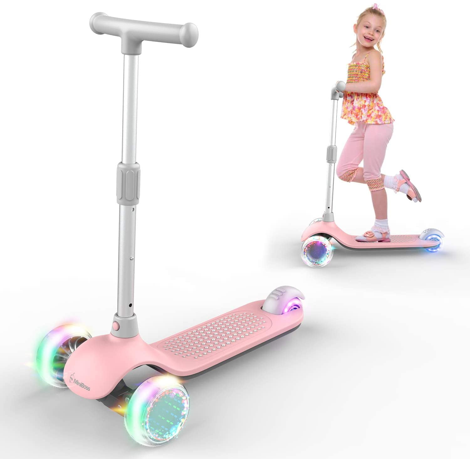 MiniBoss Kick Scooter for Kids, 3 Wheels Kids Scooter with Fashional Lights, Folding Kids Scooter, Flexible Scooter for Kids with Wide Deck & Adjustable Ergonomic Hand Bar, for 2 to 12 Years Kids-Pink