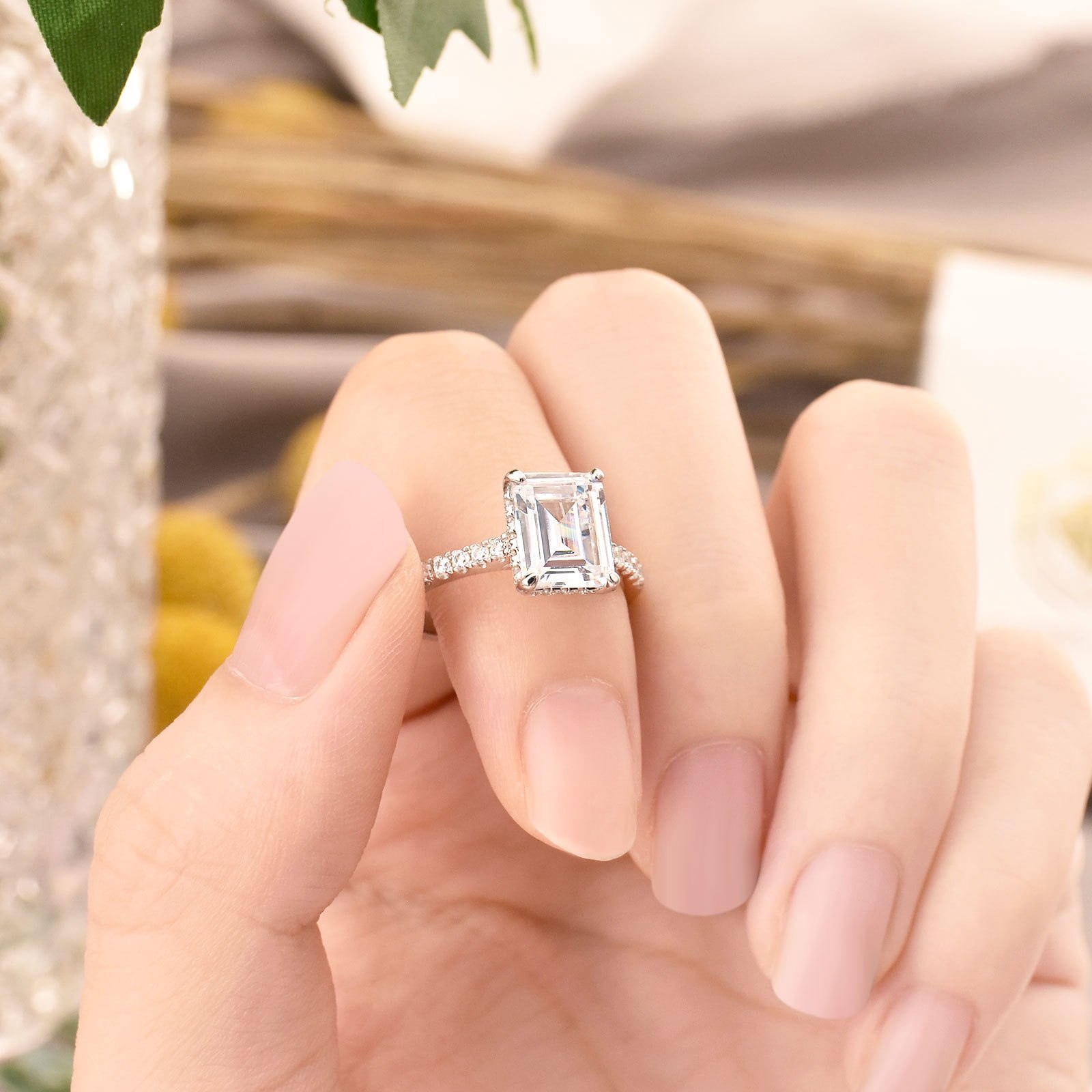 SHELOVES 3 Carat Emerald Cut Engagement Rings for Women AAAAA CZ 925 Sterling Silver Promise Wedding Rings Size 7