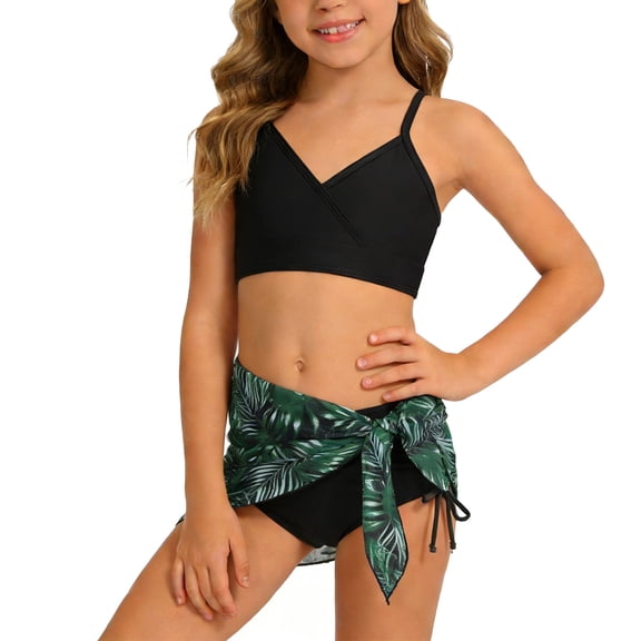 Teen Girls Swimsuits 2 Piece V-Neck Floral Print Bikini Set with Cover Up Skirt Twist Cross Tropical Hawaiian Beach Swimwear