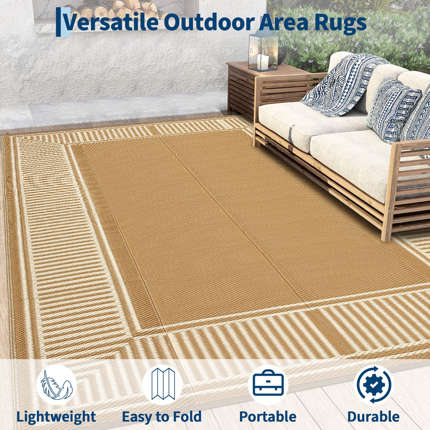 HIWEAVER 10' x 20' Camel Outdoor Rug PP Plastic Straw Woven Waterproof Patio Rug with Border Portable Outside Carpet for Balcony Deck Picnic Garden Decor