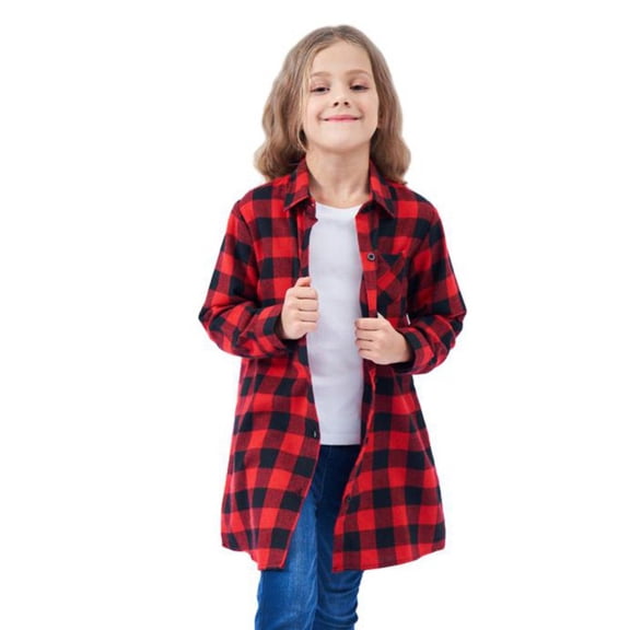 GYRATEDREAM Toddler Baby Girls Mid-length Plaid Shirt Jacket Kids Flannel Long Sleeve Lapel Button down Warm Shirt Coat Top with Pockets Children Fall Winter Thicken Outwear Clothes for 3-14 Years