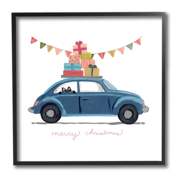 Stupell Industries Blue Christmas Cat Car with Present Stack Transportation Painting Black Framed Art Print Wall Art, 12 x 12