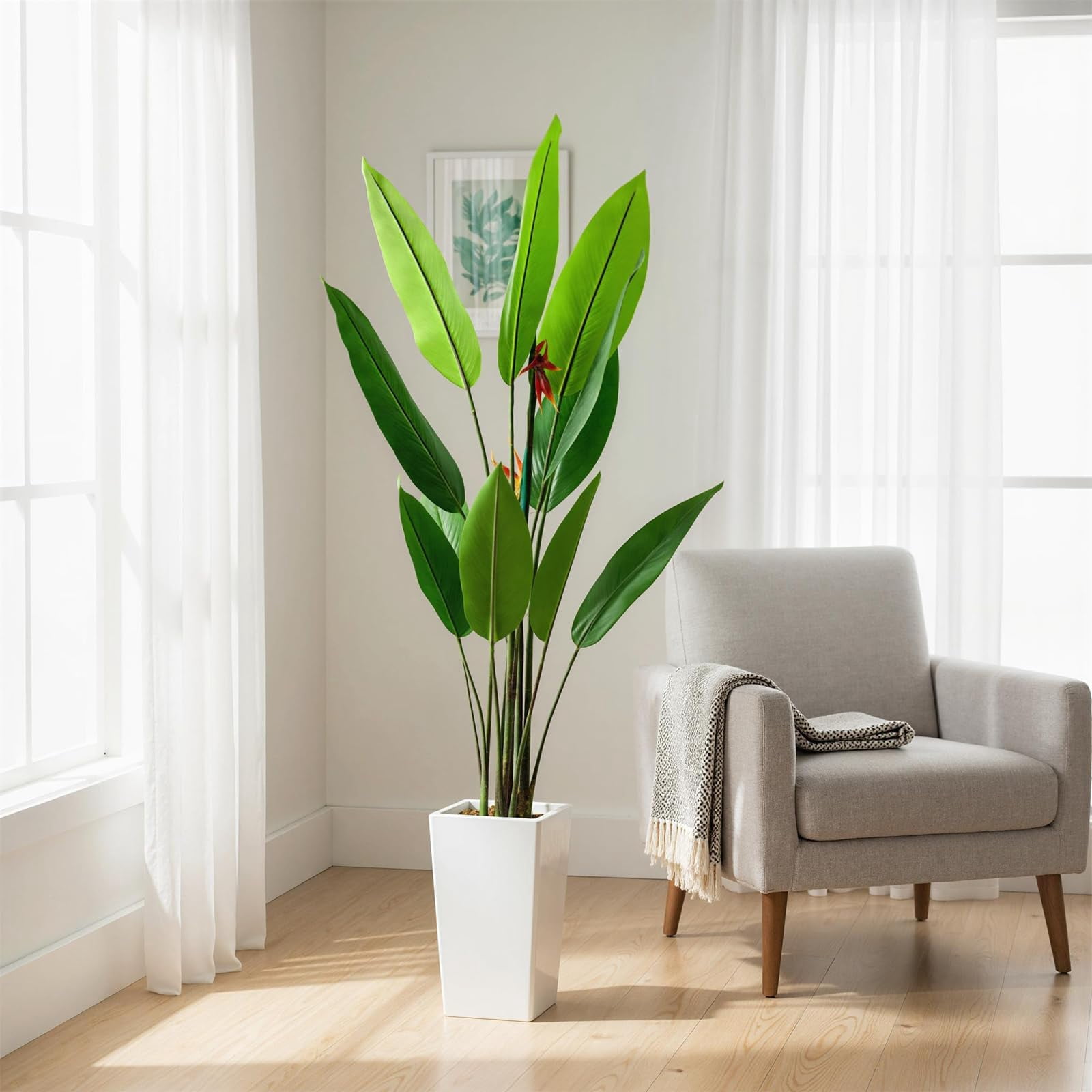 Accreate Faux Banana Tree Artificial Plant, Fake Potted Tropical Evergreen with Tall White Planter for Living Room, Entryway, Porch, or Office