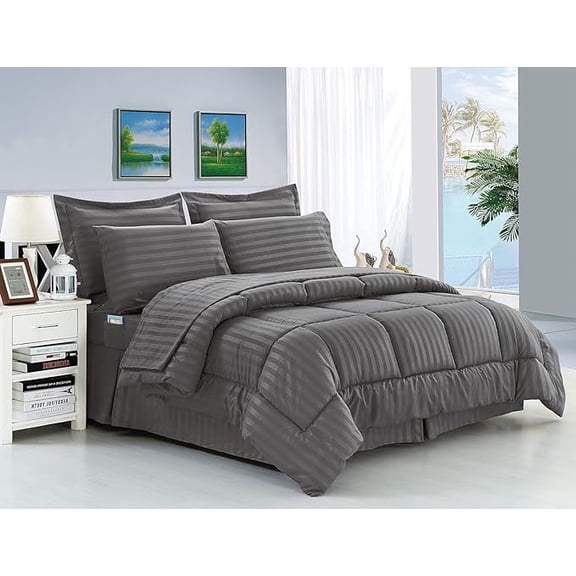 Elegant Comfort Wrinkle Resistant - Silky Soft Dobby Stripe Bed-in-a-Bag 8-Piece Comforter Set, King Grey