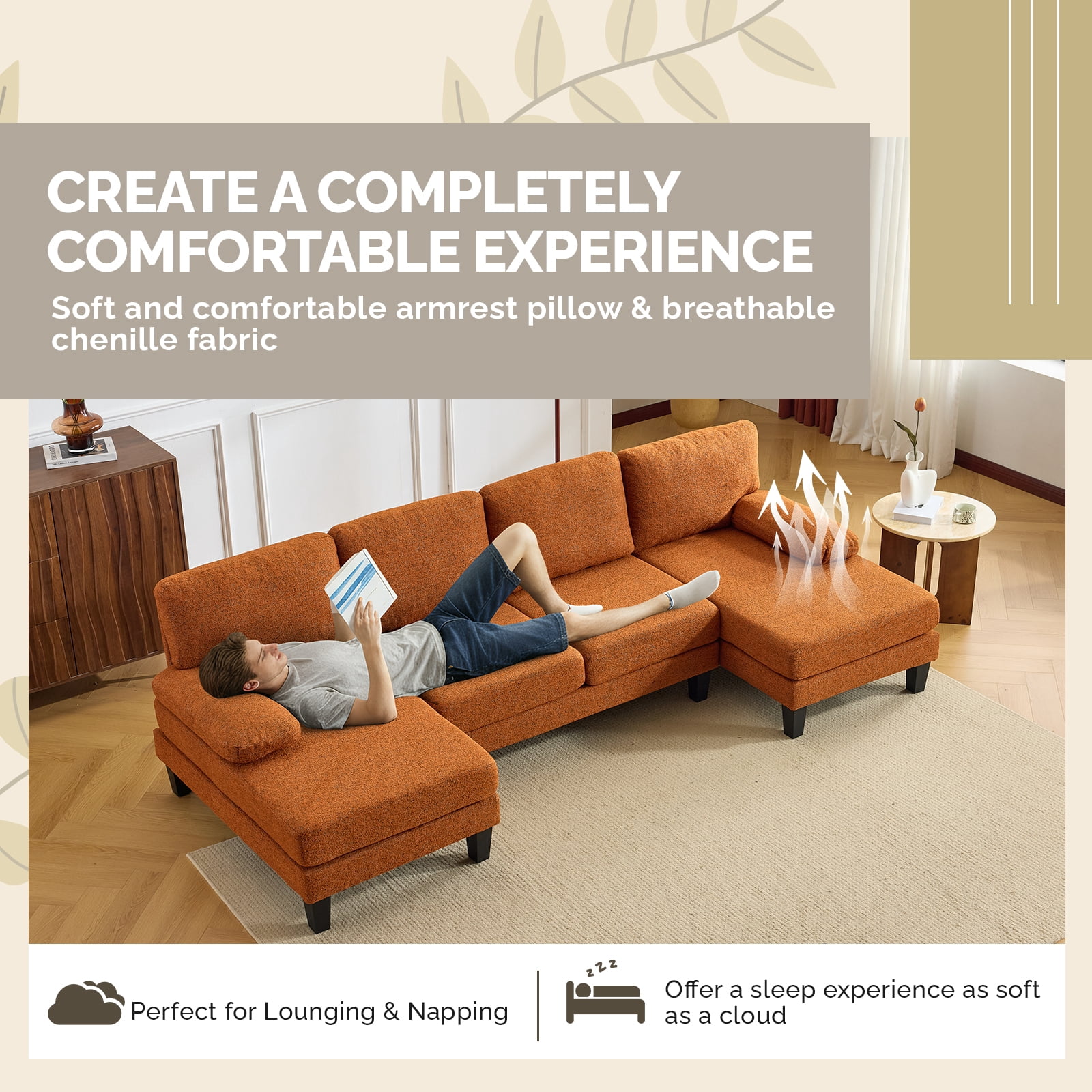 U-Shaped Convertible Sectional Sofa with 2 Chaise Lounges, 4-Seater Modular Couch with Removable & Washable Chenille Covers, L-Shaped Couches for Living Room Apartment, Heavy Duty Plastic Legs