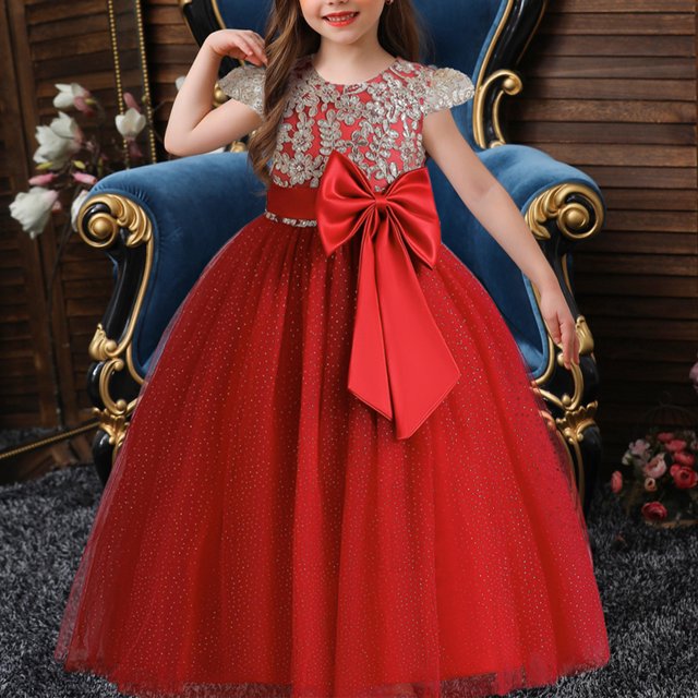 Vestidoo Formal Vestido de cintura alta con cuello redondo y elegante vestido de princesa con vuelo para niñas Ygjytge Rojo 6-7- años para Niña