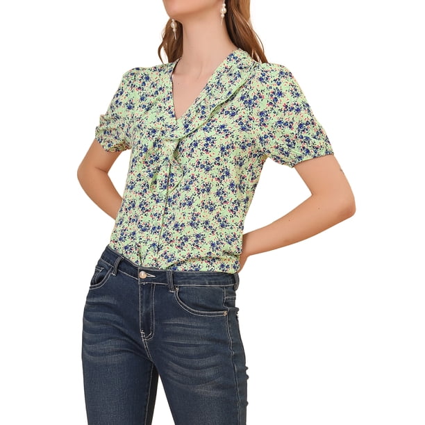 INSPIRAR CHIC Blusa de Manga Corta con Volantes y Botones de Estampado Floral para Mujeres XL Verde